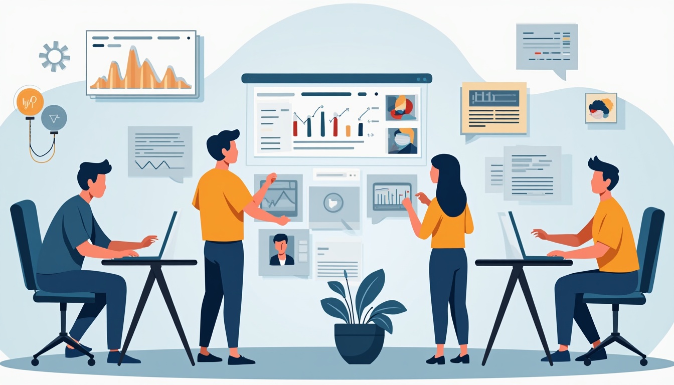 Două persoane discutând despre alegerea unei firme de creare site web, cu grafice și simboluri digitale pe fundal