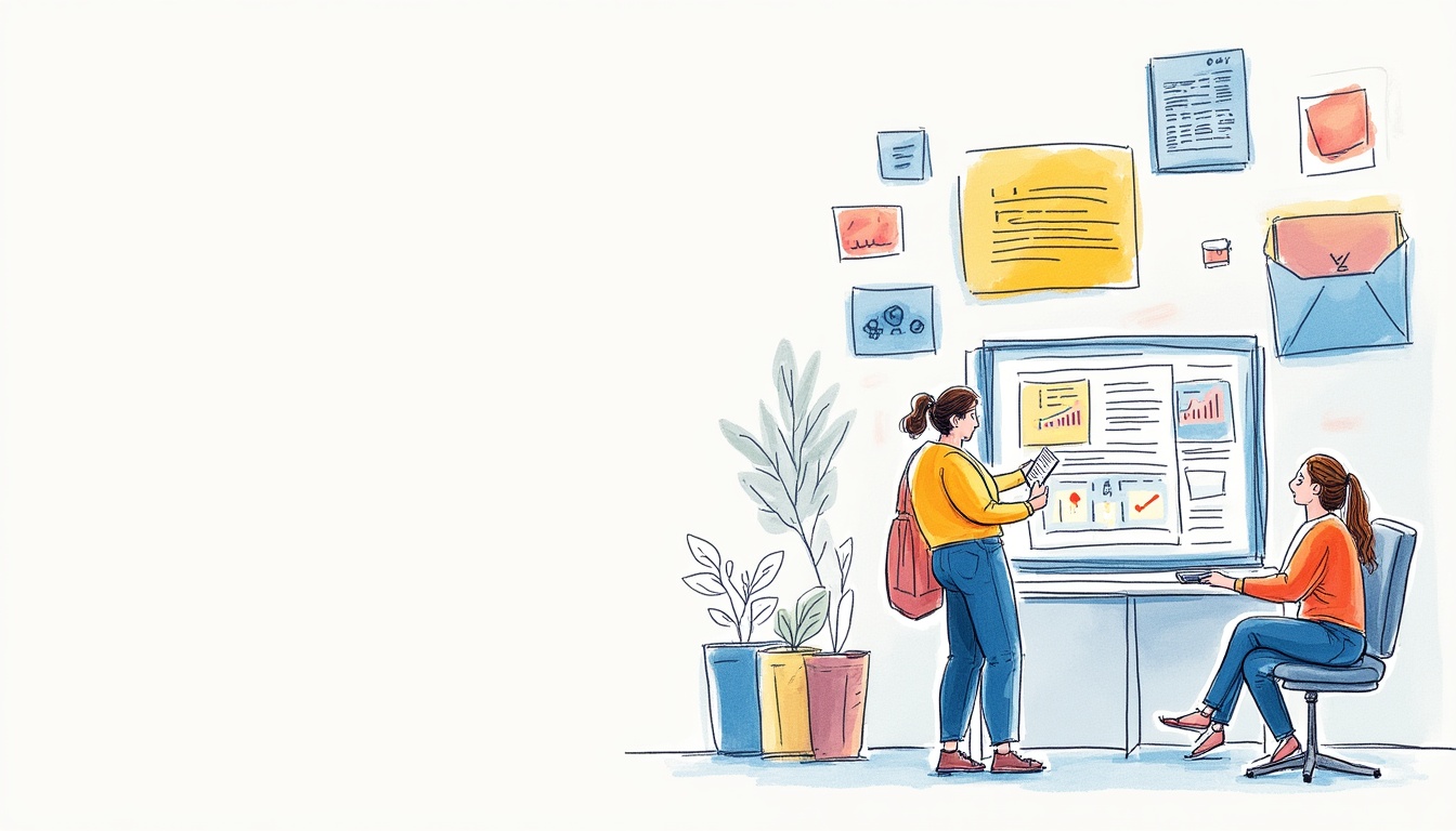 Două persoane care analizează o schemă complexă despre cum să alegi o firmă de creare magazin online