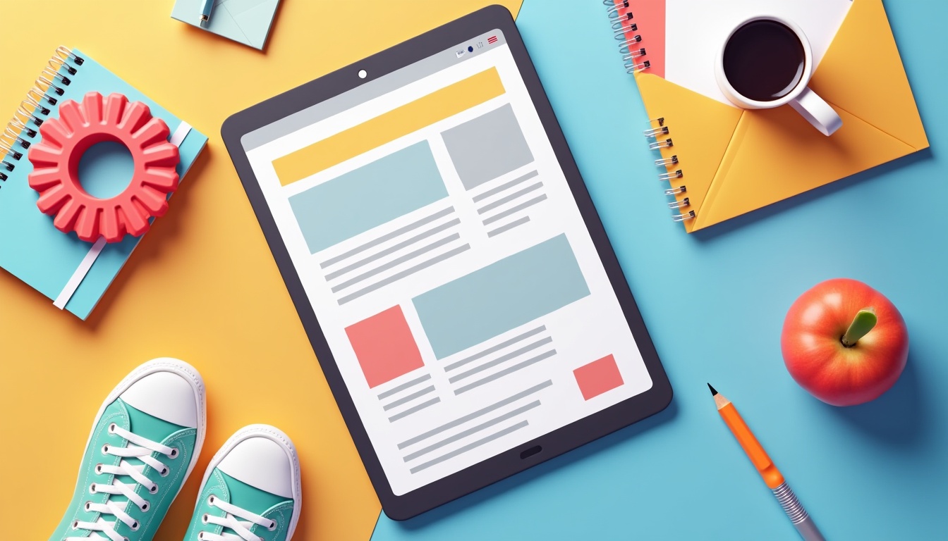 Ilustrație schematică a procesului de creare a unei pagini web, cu elemente de design, cod și strategie.